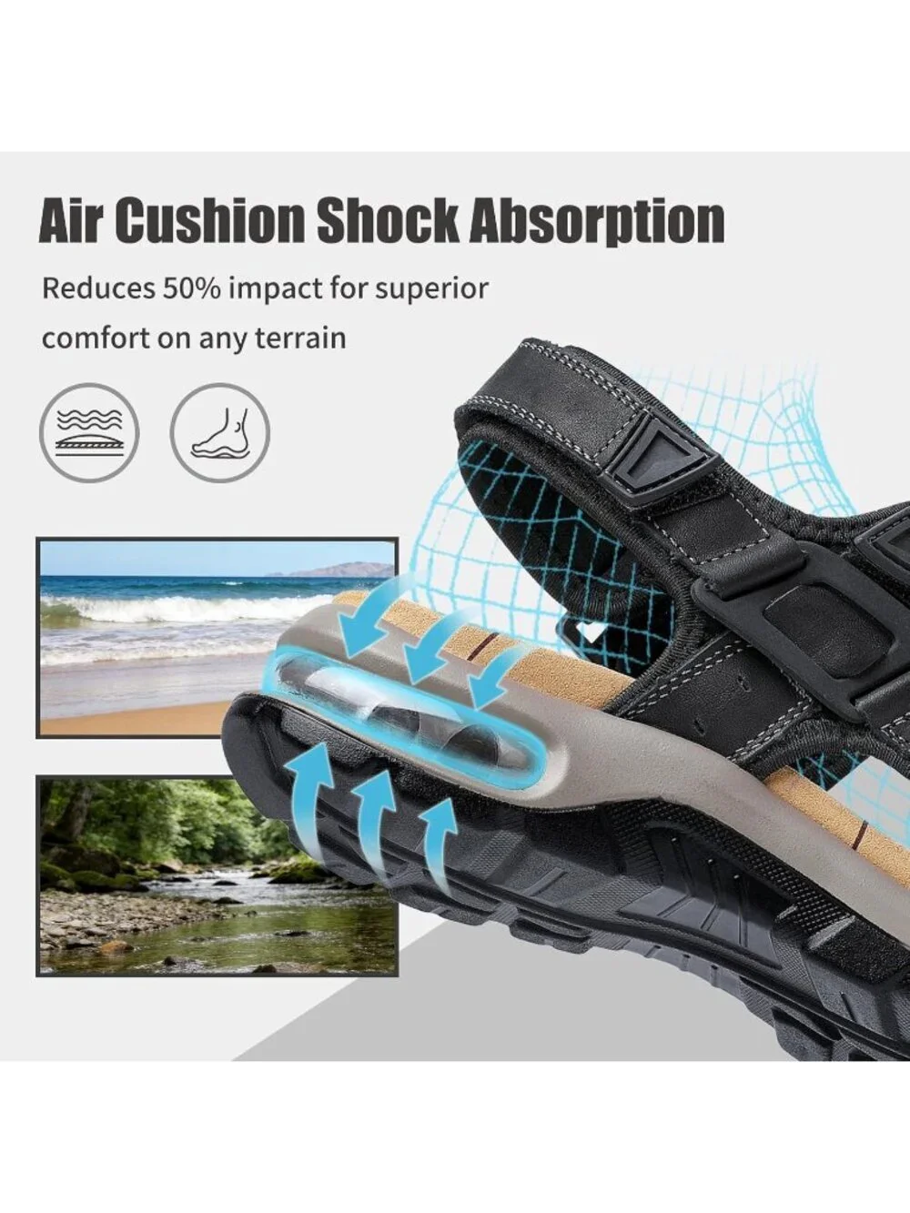 Men's Black Athletic Sandals Adjustable Strap Non Slip Casual Walking Shoes